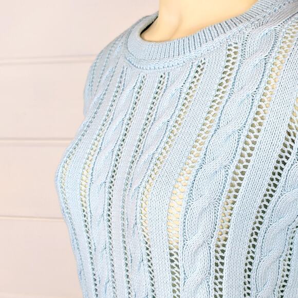 Talbots Open Knit Cable Crewneck Sweater Womens M Light Aqua Mint Coastal Preppy - Picture 5 of 11